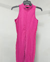 A bright pink snakeskin pattern sleeveless zip-front jumpsuit or bodysuit hanging on a black hanger against a plain light gray wall.