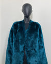 SpiritHoods Online Sample Sale Style: Luxury V-Neck Plush Faux Fur Coat in Royal Wolf in Size MEDIUM close up of the front of the coat on a black mannequin