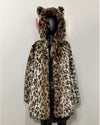 Leopard print faux fur coat with hood & cute feline ears on a mannequin against a white background