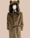 long army green faux fur coat with wolf ears on a beige background