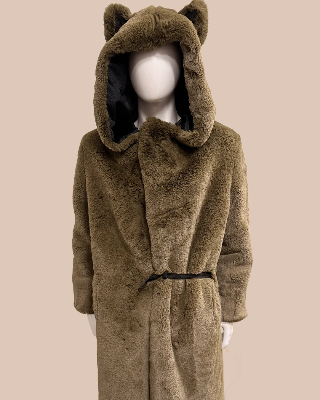 long army green faux fur coat with wolf ears on a beige background