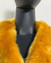 close up photo of the luxury tissavel plush faux fur and v-neck front on the mannequin. SpiritHoods Online Sample Sale Style: Luxury V-Neck Faux Fur Coat in Golden Wolf size X-SMALL.