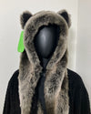 close-up photo of the classic grey wolf robe hood + ears on the robe, and plush short pile grey wolf inspired fake fur trim
