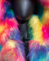 Multicolored faux fur in bright yellow, pink, green, blue, purple, orange coat on a mannequin with a dark background