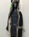black mannequin wearing spirithoods original grey wolf classic luxury robe prototype with the original clouded black body fabric