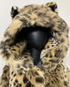 Cheeta print fake fur coat with a hood on a white background