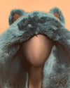 Teal plush fake fur coat up close photo of the oversized hood with wolf ears. SpiritHoods Online Sample Sale Royal Wolf Classic Faux Fur Coat in MEDIUM. 