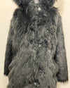 close up photo of the faux fur quality which is not up to spirithoods standard fake fur coat quality. Also a close up showing the missing buttons on the 1st and 3rd row. SpiritHoods Online Sample Sale style: Classic Faux Fur Coat in Black Wolf size X-SMALL.
