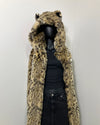 Cheetah Print Fake Fur Jacket with an oversized hood with ears on a mannequin against a plain background