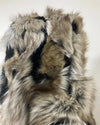 Close-up of a area of faux fur  that is not as soft as SpiritHoods Standard Quality with a neutral color palette on a light background. SpiritHoods Online Sample Sale - Wolverine Coat in size SMALL