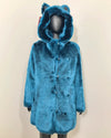 Blue faux fur coat with wolf ears on a mannequin against a beige background. SpiritHoods Online Sample Sale Royal Wolf Classic Faux Fur Coat in MEDIUM. 