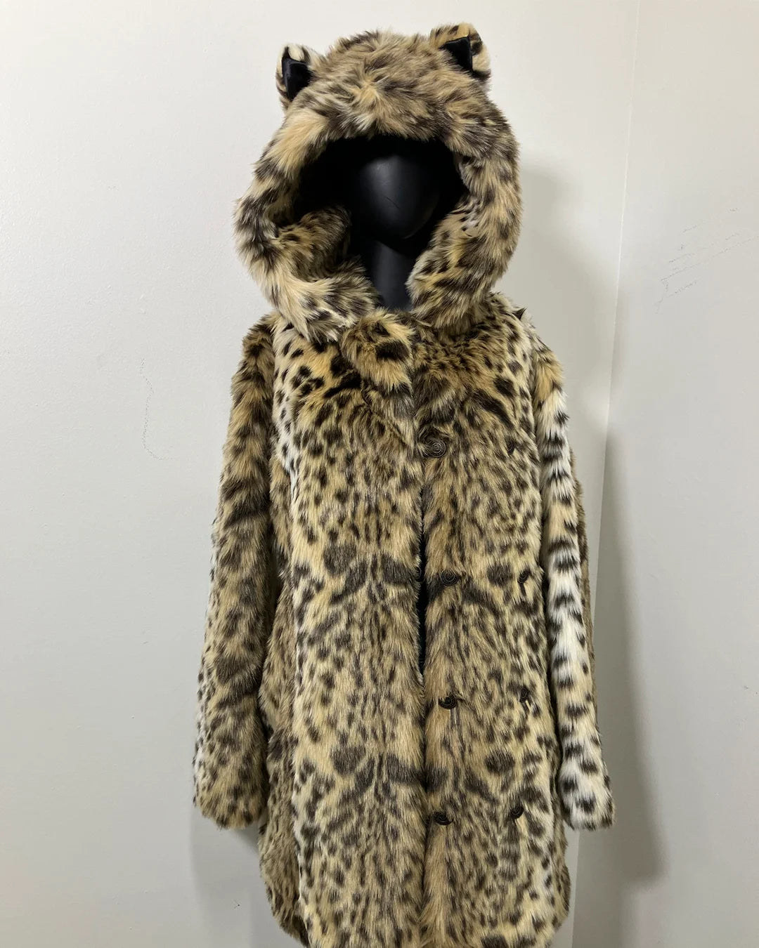 cheetah print coat faux fur coat with hood on a white background