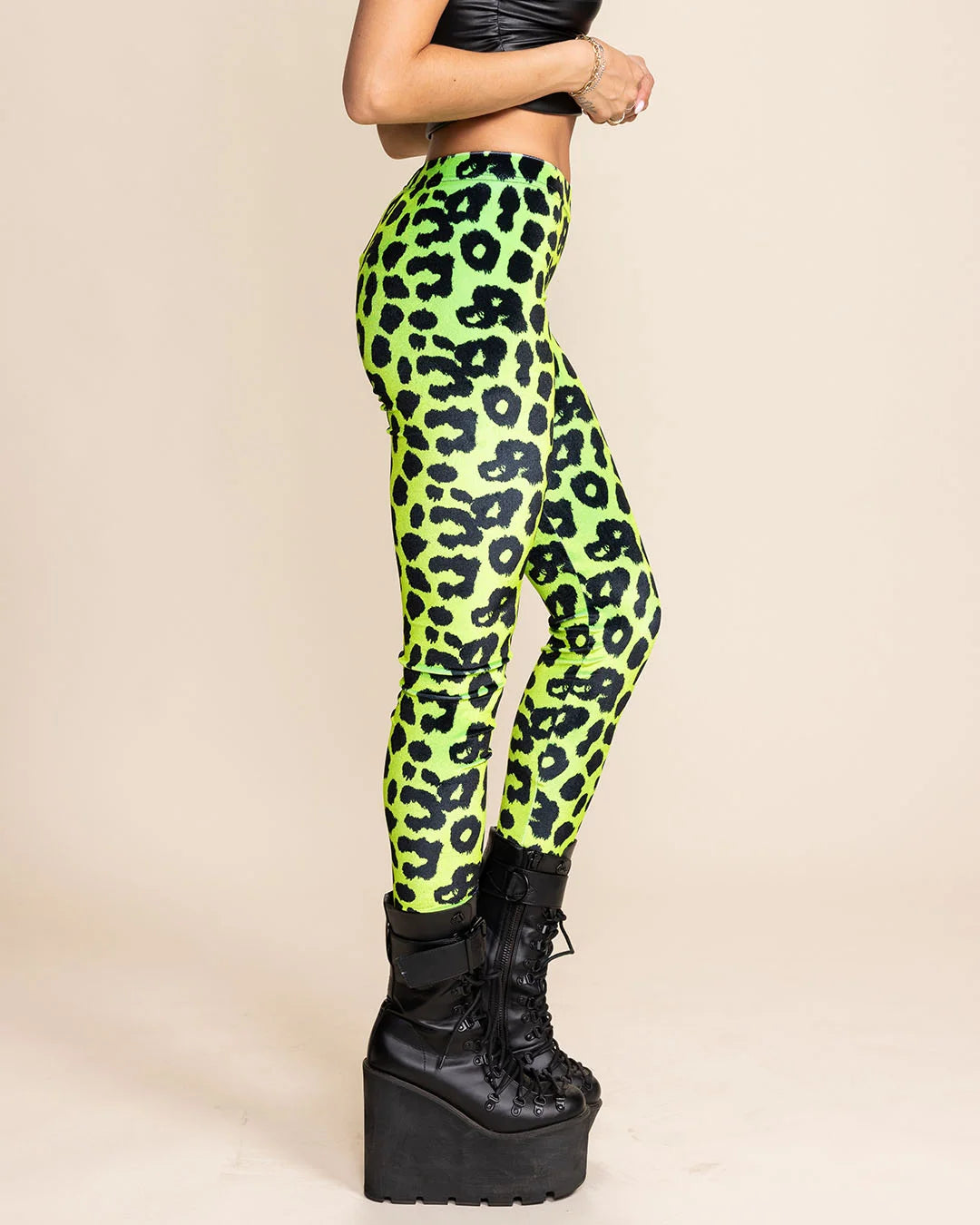 Women's Velvet Leggings | Neon Green Leopard