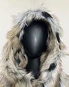 Close Up Photo of the Wolverine Faux Fur Coat Hood on a black mannequin against a white wall.