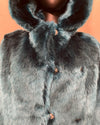 close up photos of the wolf face buttons and peacoat button closure on the SpiritHoods Online Sample Sale Style: Classic Luxe Faux Fur Coat in Royal Wolf size MEDIUM