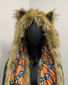 Mannequin wearing a coat with a fur-lined hood and cat ears