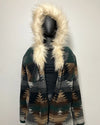 Patterned coat with faux fur-lined hood on a mannequin against a white background