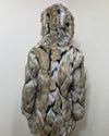SpiritHoods Wolverine Sample Faux Fur coat in size small, showing the back of the coat with the hood up, on a white background