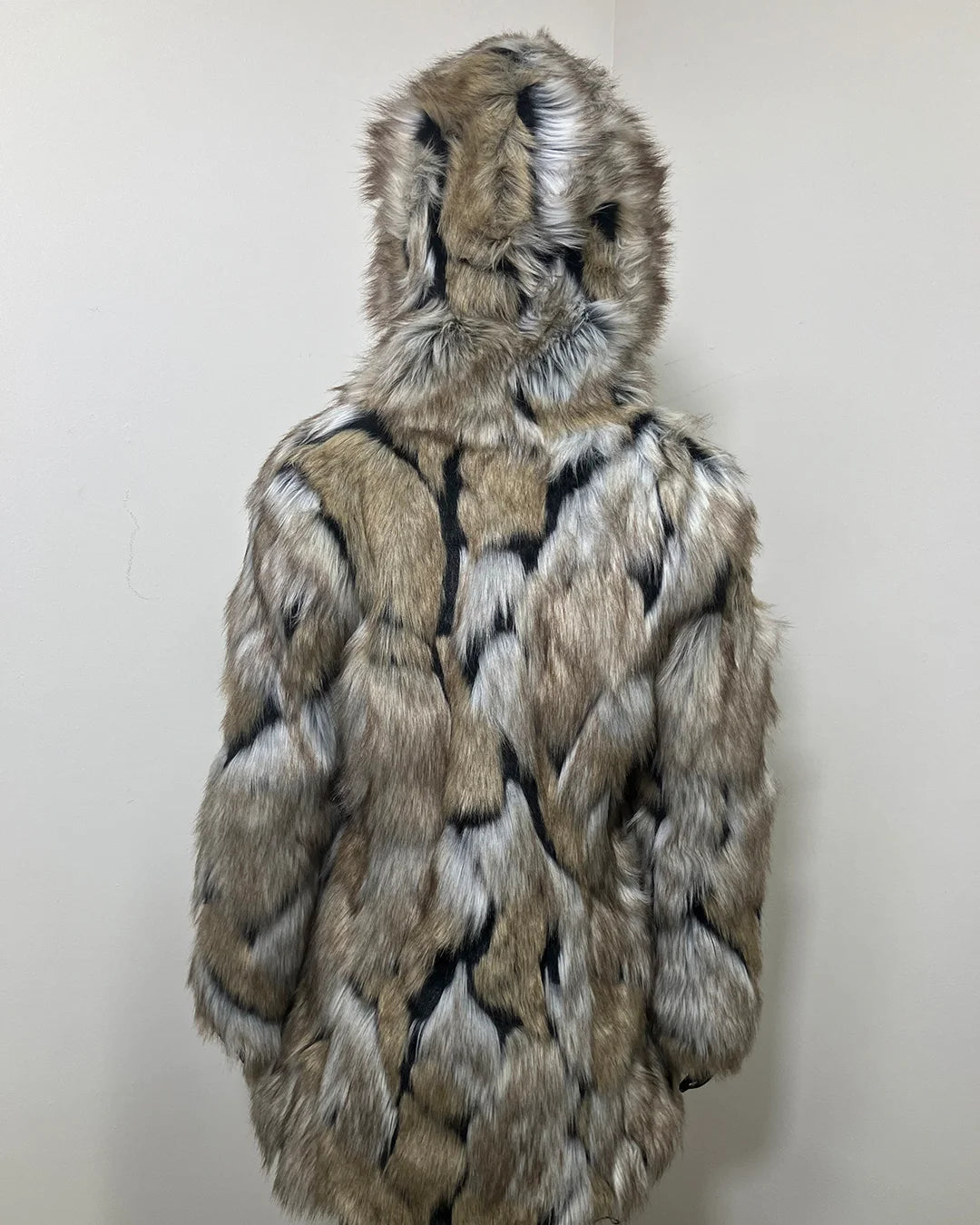 SpiritHoods Wolverine Sample Faux Fur coat in size small, showing the back of the coat with the hood up, on a white background