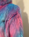 close-up photo of some choppy faux fur/blunt cut fake fur near the seams where the faux fur shoulder and arm seam meet. SpiritHoods Online Sample Sale Style: Classic Faux Fur Coat in Cotton Candy Bear in size X-SMALL.