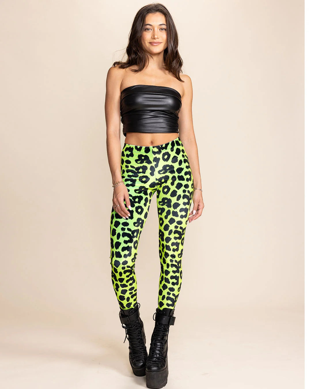 Women's Velvet Leggings | Neon Green Leopard