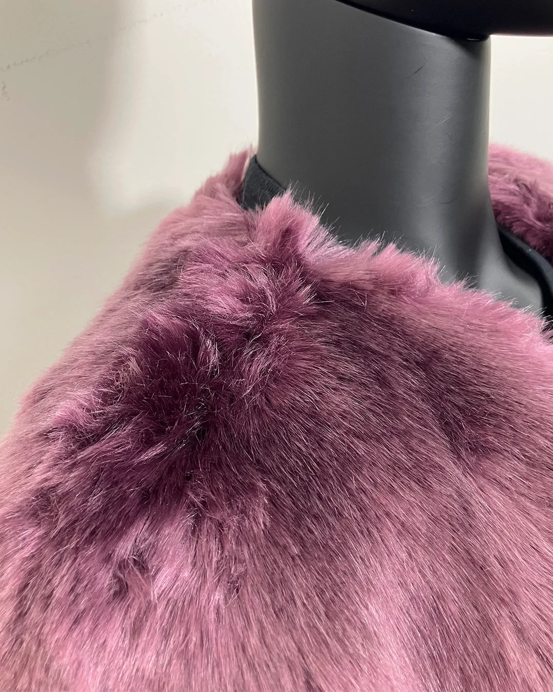 Lavender V-Neck Faux Fur Coat in MEDIUM on a mannequin. 