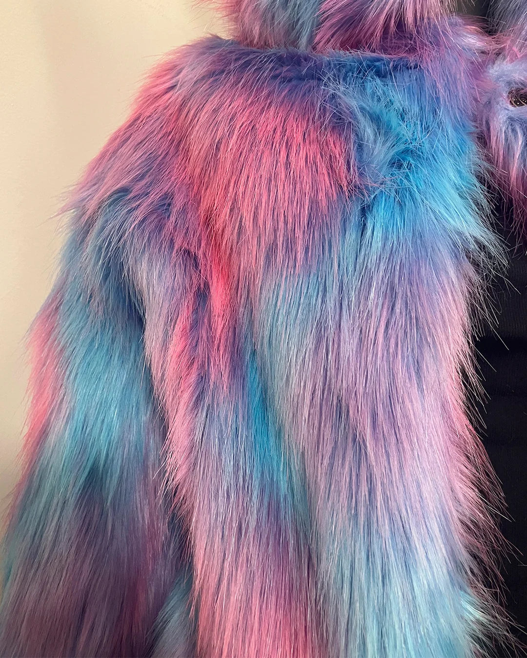 close-up photo of the multi-color pink,  blue and lavender faux fur. SpiritHoods Online Sample Sale Style: Classic Faux Fur Coat in Cotton Candy Bear in size X-SMALL.