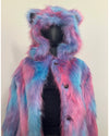 close up photo of the cotton candy bear hood + bear ears + row of buttons. SpiritHoods Online Sample Sale Style: Classic Faux Fur Coat in Cotton Candy Bear in size X-SMALL.