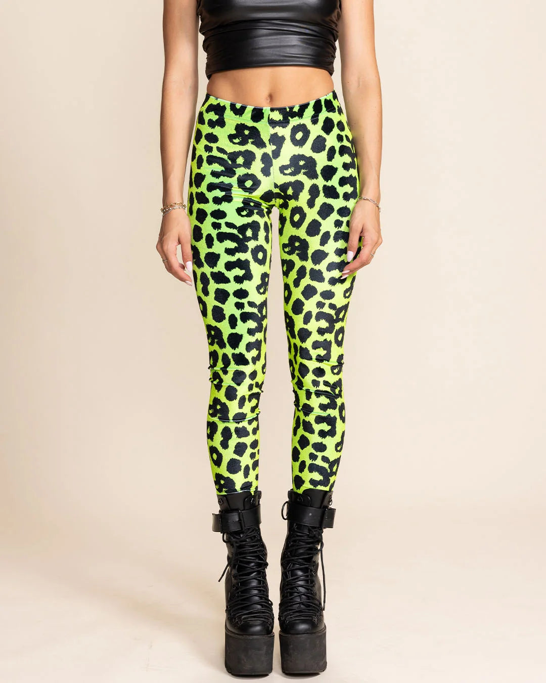 Women's Velvet Leggings | Neon Green Leopard