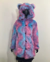 Mannequin Wearing a blue and pink multicolor faux fur coat with hood and bear ears. SpiritHoods Online Sample Sale Style: Classic Faux Fur Coat in Cotton Candy Bear in size X-SMALL.