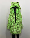 Green leopard print coat on a mannequin against a white background