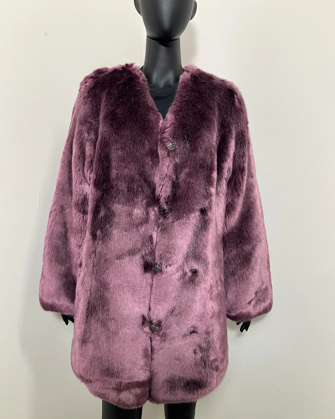 Lavender V-Neck Faux Fur Coat in MEDIUM on a mannequin. 