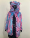 mannequin wearing the blue and pink cotton candy bear coat, with only the top button closed, showing a row of buttons down the wearers left front panel of coat. SpiritHoods Online Sample Sale Style: Classic Faux Fur Coat in Cotton Candy Bear in size X-SMALL.