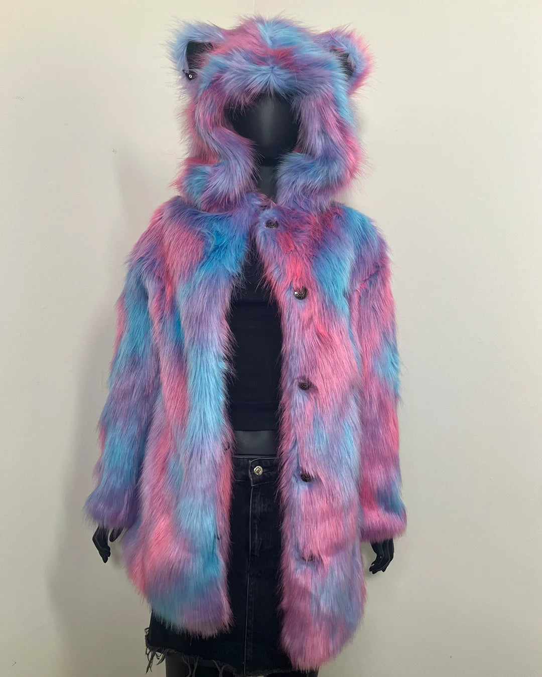 mannequin wearing the blue and pink cotton candy bear coat, with only the top button closed, showing a row of buttons down the wearers left front panel of coat. SpiritHoods Online Sample Sale Style: Classic Faux Fur Coat in Cotton Candy Bear in size X-SMALL.