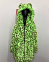 Green leopard print hooded faux fur coat on a mannequin against a white background