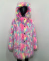 Multicolored Pink-Yellow-Purple-Blue Faux Fur coat on a mannequin against a plain background. SpiritHoods Dreamland Cat Sample Sale Edition Coat in Size LARGE