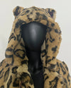 close-up photo of the ultra-soft plush short pile luxury tissavel jaguar inspired faux fur + hood + ears on the top of the hood. SpiritHoods Online Sample Sale Style: Luxe Classic Faux Fur Coat in Jaguar Size X-SMALL.