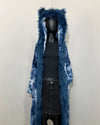 Mannequin wearing a blue tie-dye robe with oversized hood with ears and blue fake fur trim on a white background