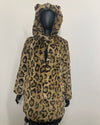 Jaguar print faux fur coat with the front buttoned up (except for the 2nd row with a broken button loop). SpiritHoods Online Sample Sale Style: Luxe Classic Faux Fur Coat in Jaguar Size X-SMALL.