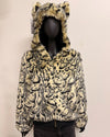 Leopard print bomber jacket with a hood and ears on a mannequin against a plain background