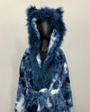 Blue tie-dye robe with wolf ears on a mannequin against a plain background