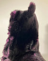 Close Up Photo of the side of the Midnight Wolf Sample Sale Coat showing a close up of the hood & ears, slight residue on the faux fur 