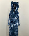 Blue tie-dye robe with a fake fur hood on a mannequin against a white background