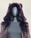 Close Up Front Shot of the Large Midnight Wolf Classic Coat for SpiritHoods online Sample Sale showing the front opened with the hood one, some areas of the faux fur not up to SpiritHoods standard quality.