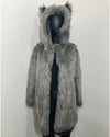 Gray faux fur coat with hood on a mannequin against a white background
