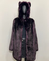 Deep Purple fake fur coat with an oversized hood with wolf ears on a white background. SpiritHoods Online Sample Sale Midnight Wolf Coat