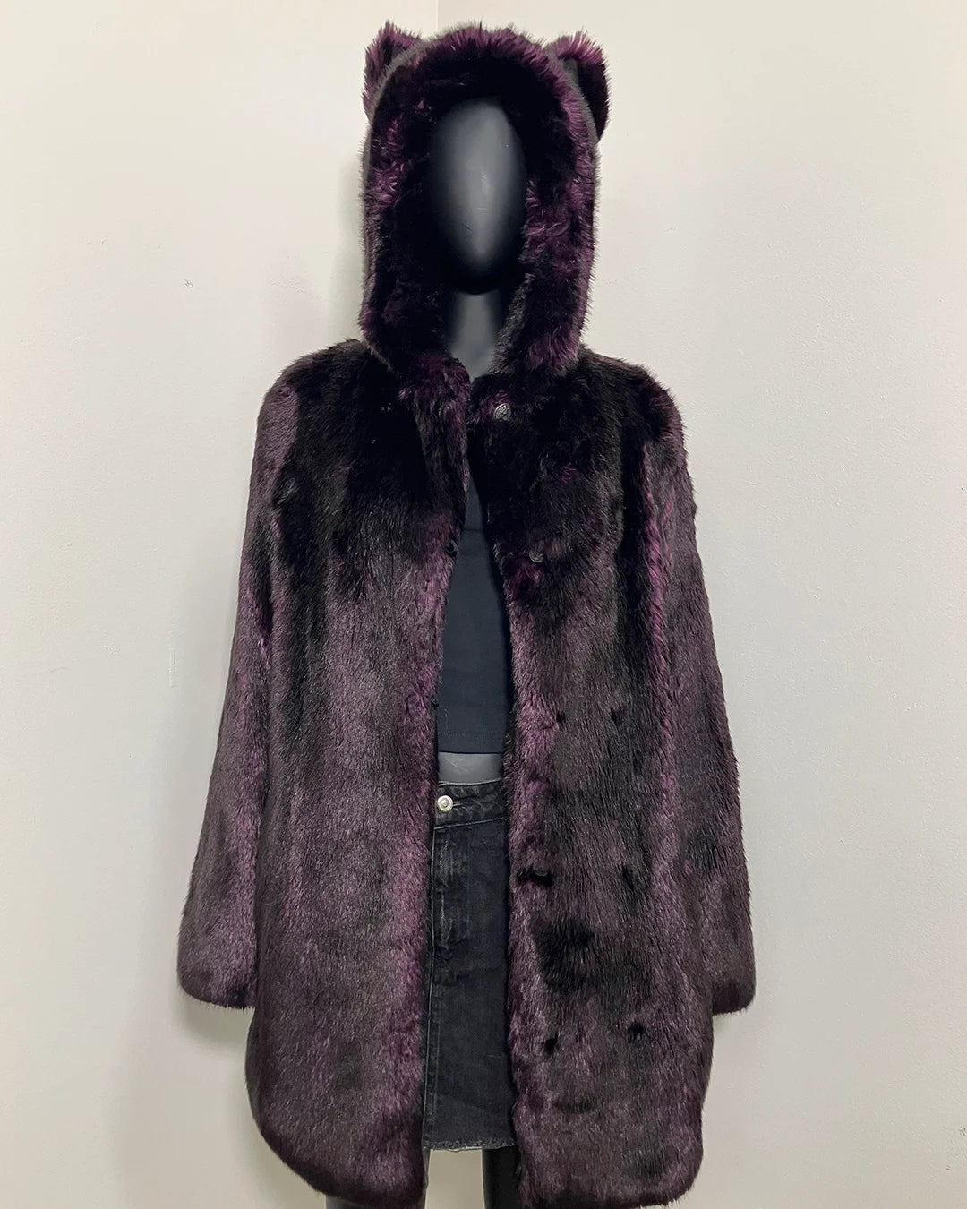 Deep Purple fake fur coat with an oversized hood with wolf ears on a white background. SpiritHoods Online Sample Sale Midnight Wolf Coat