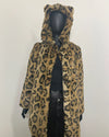 mannequin wearing the XS Luxe Jaguar Print Faux Fur Coat in a relaxed fit without the buttons closed, showing the hood on the maneequin and two feline ears. SpiritHoods Online Sample Sale Style: Luxe Classic Faux Fur Coat in Jaguar Size X-SMALL.
