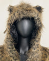 Close Up Photo of the SpiritHoods Online Sample Sale Savannah Cat Classic Faux Fur Bomber Jacket in Size Medium show casing the ears and hood