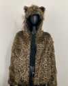 Leopard print fake fur bomber jacket with zipper closure and a hood with feline ears on a mannequin against a white background. SpiritHoods Online Sample Sale Savannah Cat Classic Faux Fur Bomber Jacket in Size Medium